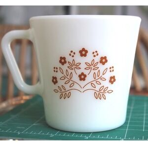Vintage Pyrex Milk Glass Coffee Mug Brown Floral Old Town Blue Pattern USA 10oz
